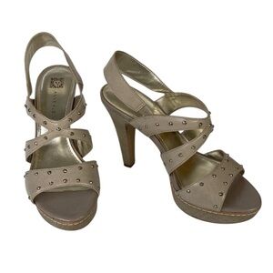 Anne Klein Florissa Tan Leather Platform Heeled Sandals